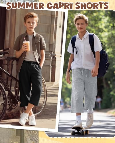 Boys Capri Sweatpants 3 Pack - Black, Light Gray, Blue, 9-10 Y