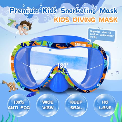 WAVE Kids Dinosaur Blue Swim Goggles with Panoramic Mask, Anti-Fog & UV Protection