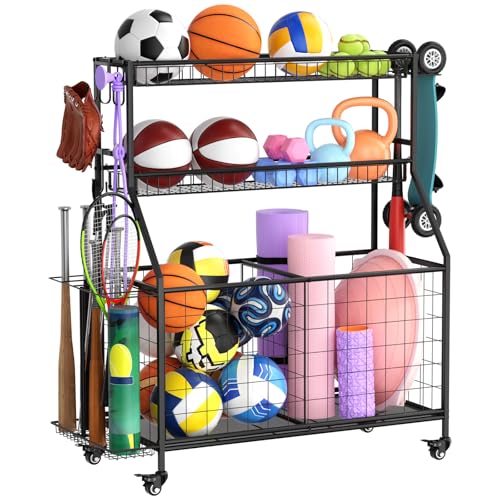 Heavy Duty Sports Equipment Organizer with Rolling Cart & Baskets