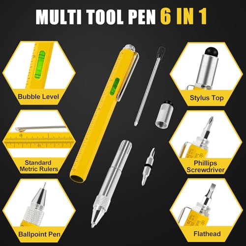 Multitool Pen Gadget - 6-in-1 Tool with Stylus and Refills - Yellow
