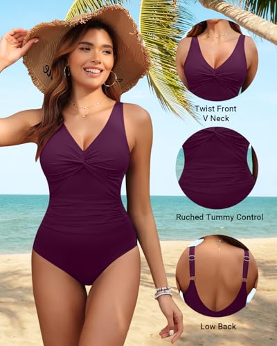 Women's Large Purple Tummy Control One Piece Swimsuit with Push-Up & Full Coverage