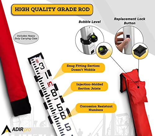 AdirPro 16FT Aluminum Grade Rod - 10ths, Dual Sided Telescopic Leveling Tool with Bubble Level & Carry Case