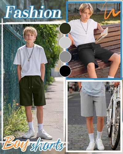 LessonZoo 4 Pack Boys Athletic Shorts 11-12 Years - Black, Gray, Light Gray, Army Green