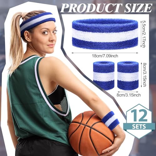 Dark Blue & White 36 pcs Neon Sports Sweatbands Set - Headbands & Wristbands for Men Women, Athletic, Glow Party