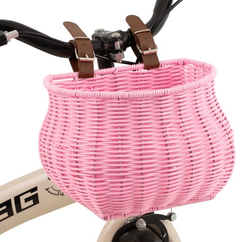 Pink Kids Bike Basket Wicker Bicycle Front Basket for Girls & Boys