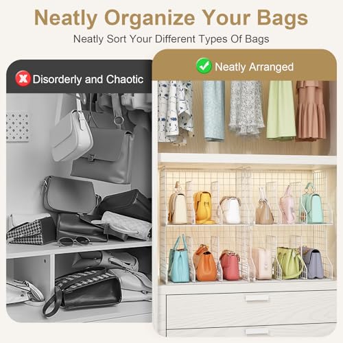 Purse Storage Organizer for Closet : Adjustable 2-Pack Dividers Handbag Organizer - Stackable Wire Handbags Storage Baskets -Open Cabinets Wallets Tote Chain Bags Clutches -White