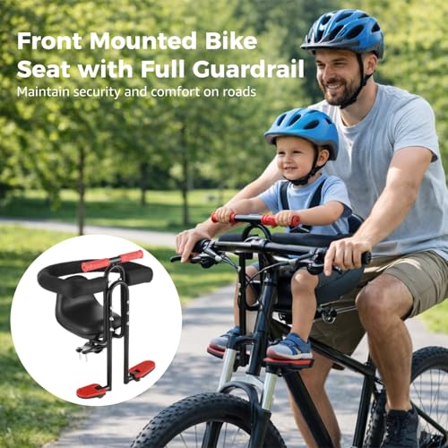 COSYOO Front Mounted Bike Seat with Guardrail, Foldable Footrests & Soft Foam — Black