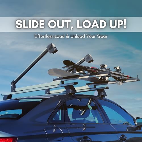 Universal Ski Rack for Car Roof - Holds 6 Pairs of Skis or 4 Snowboards - Silver