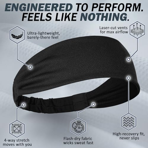 Black Running Headbands - 5 Pack Non-Slip Moisture Wicking Sweatbands