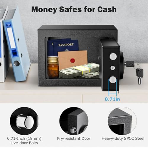 Small Mini Fire Safe Box for Home, 0.3 Cubic Feet Medication Lock Box, Security Money Safes with Digital Keypad, Spare Keys, Dorm Room Safe for Money, Jewelry, ID Documents
