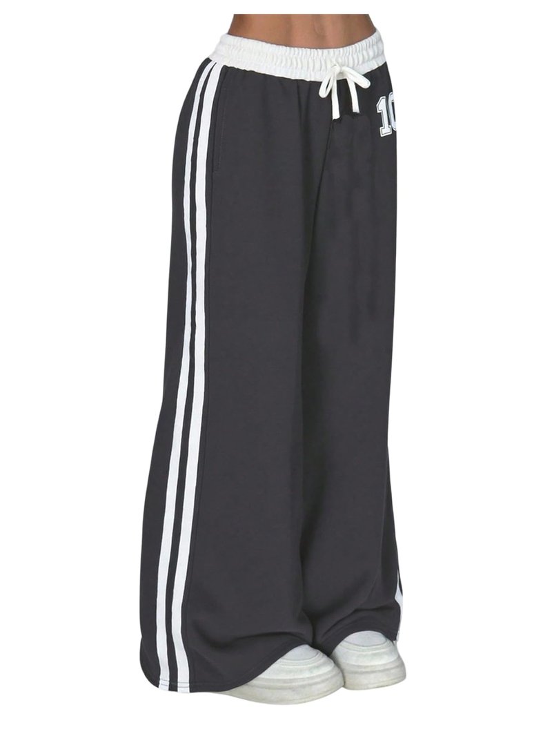 BEAUDRM Girl's Striped Baggy Sweatpants Drawstring Waist Wide Leg Track Pants Workout Sports Trousers with Pockets Dark Grey 12Y