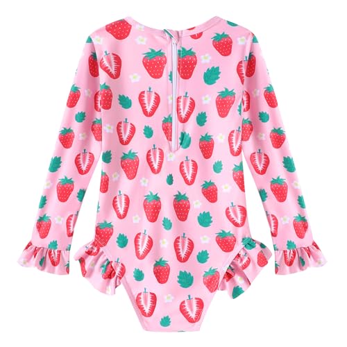 Toddler Girls One-Piece Swimsuit - Long Sleeve Ruffle Zipper Bathing Suit UPF 50+ - Pink Strawberry (3-4T)