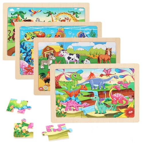 Animal World Wooden Jigsaw Puzzle Set for Kids Ages 4-6 – 4 Pack Educational Toddler Puzzles
