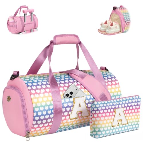 Rainbow Pink Kids Weekender Bag Set for Girls - Personalized Birthday Gift, Dance & Travel Duffle & Makeup Pouch - Vogewood