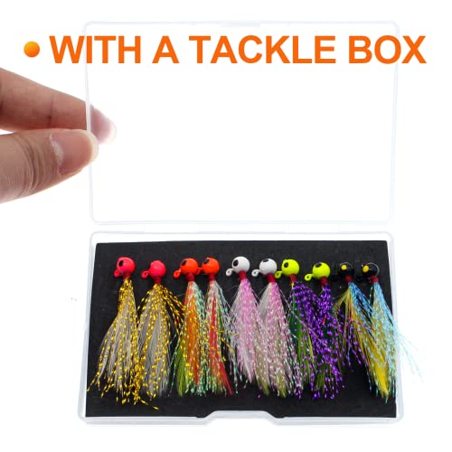 Fishing Jigs Kit - 10pcs Bucktail Jigs with Marabou Feathers