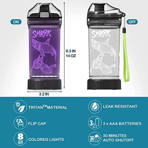 YuanDian 14oz BPA-Free Water Bottle with 3D Shark Design & Night Light for Kids