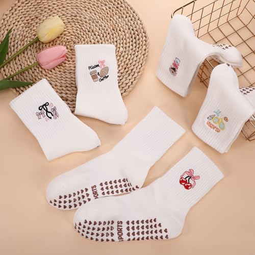 Pilates Socks with Grips for Women - Cute Ruffled - White Embroidery