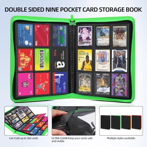 FootJKYX Black Fluorescent Green Light Trading Card Storage Album 9-Pocket, 360 Card Capacity