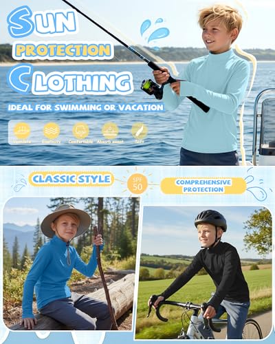 JoyMotion 3-Pack Boys Long Sleeve Rash Guard Swim Shirts - Black, Royal Blue, Light Blue, 5-6 Years