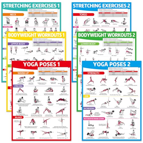 6-Piece Workout Poster Set - Yoga, Stretching & Bodyweight Exercises