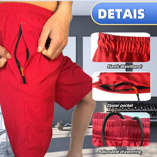 Men's Athletic Running Shorts 11 Inch Swim Trunks with Zipper Pockets - Red, X-Large