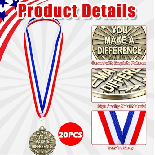 20 Pcs You Make A Difference Medals with Neck Ribbons - Gold