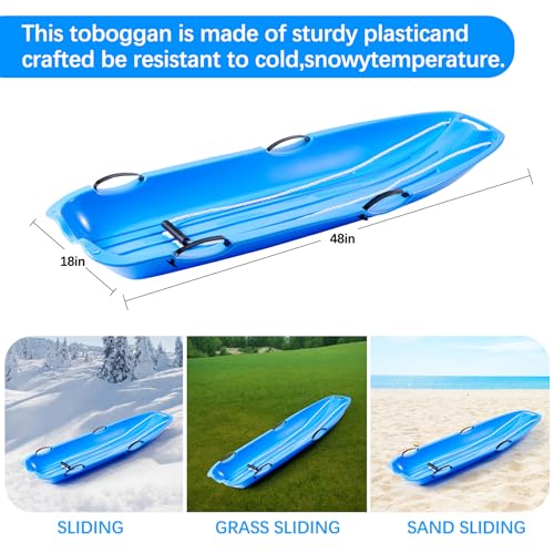 48-Inch Toboggan Snow Sled with 4 Handles - Blue/Green/Red