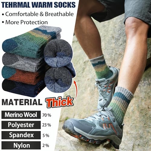 Merino Wool Hiking Socks 5 Pairs — Thermal, Moisture-Wicking Cushioned Crew Socks for Men