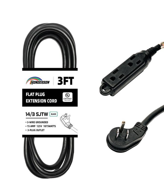 HONDERSON 3-Outlets Flat Plug Indoor Extension Cord Outlet Extender, UL Listed, 14 Gauge 3FT Black 3 Prong Heavy Duty, 14/3 SJTW 15A Power Strip