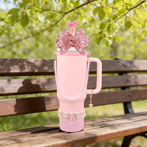 10-Piece Pink Flower Accessories Set for Stanley Cup 30/40oz Tumbler