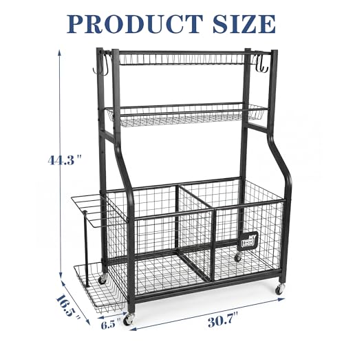 Rolling Sports Equipment Organizer with Bins and Hooks