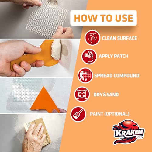 Kraken Bond Drywall Patch Repair Kit - (2x8 fl.oz.) Easy to Use Wall Patch Repair Kit for Drywall Hole & Cracks, Includes Aluminum Self-Adhesive Patch, Grit Sandpaper, Plastic Putty Knife, 2 Pack