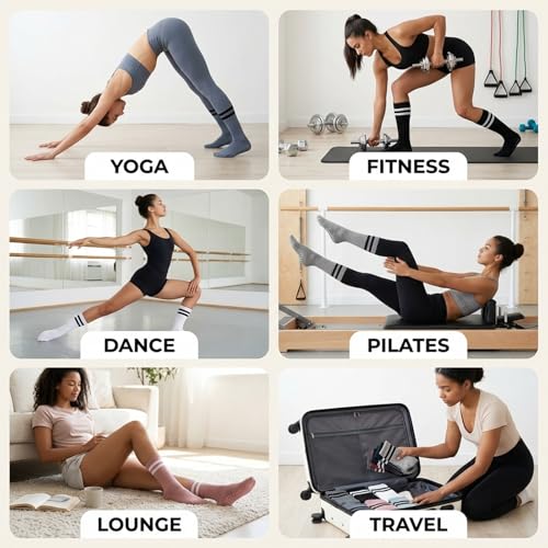 Grip Socks for Women - 6 Pairs Cute Ruffle Non-Slip Cotton for Yoga & Barre - Gray, White, Pink