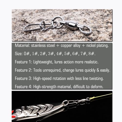 AMYSPORTS Size 0+0 Stainless Steel Ball Bearing Fishing Snap Swivels 50 pcs