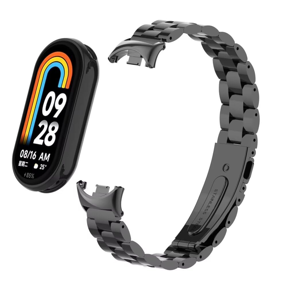 T-BLUER Compatible for Xiaomi Mi Band 8/9 Band, Mi Band 8 Stainless Steel Metal Replacement Strap Bracelet Wristband Accessories for Xiaomi Mi Band 9 Black