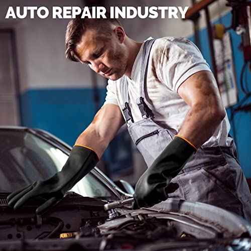 6 Pairs Chemical Resistant Gloves Heavy Duty Industrial Rubber Cleaning Black Protective Safety Work Waterproof Reusable Gloves for Car Home Lab, 14 Inches Large