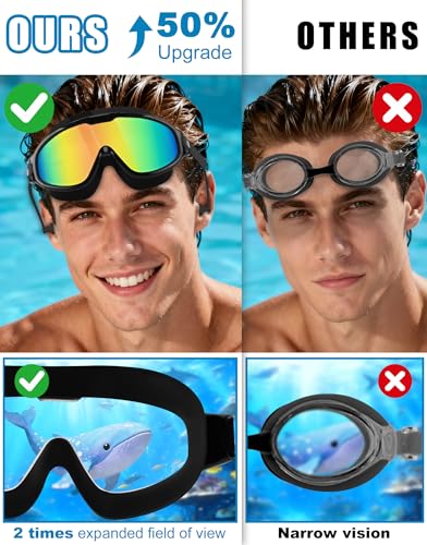 WIN.MAX Large Adult Swim Goggles - All Black Gold Pink Anti-Fog UV Protection