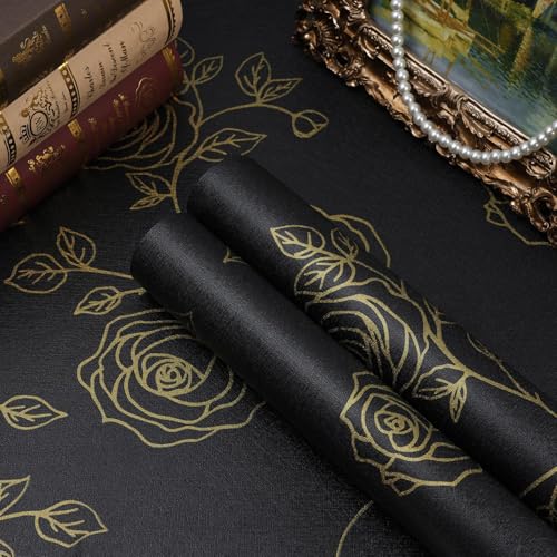 Amiya Black and Gold Floral Wallpaper Peel and Stick Wallpaper Line Boho Retro Renovation of Bedrooms,Cabinets,Etc Contact Paper 17.3" X 120" PVC Removable Wall Paper