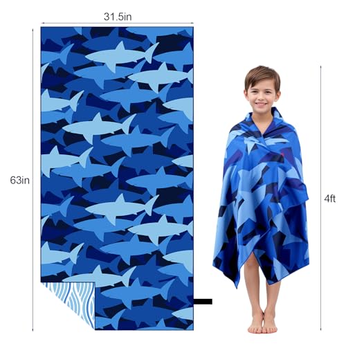 Large Microfiber Beach Towel - Blue Shark Design, Sand Free