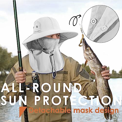 Wide Brim Sun Hat with Face Cover & Neck Flap - Light Gray