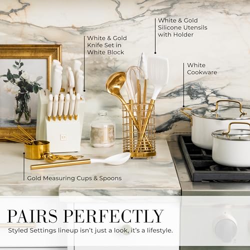 Styled Settings 15-Piece White & Gold Kitchen Utensils Set with Holder