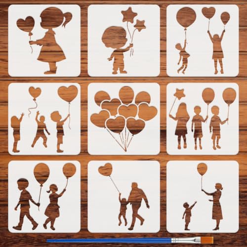 FINGERINSPIRE 9 Pcs Balloon Figure Painting Stencil with Brush 5.9x5.9inch Little Lady and Boy Pattern Drawing Template People with Balloon DIY Stencil for Painting on Wood Wall Fabric Furniture