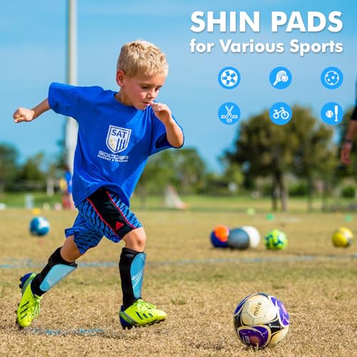 Kids Soccer Shin Guards - Protective Football Gear with Adjustable Straps - Blue / Medium