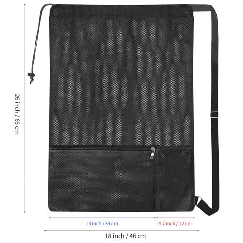 Large Mesh Swim Beach Bag - Drawstring Gym Bag - Black