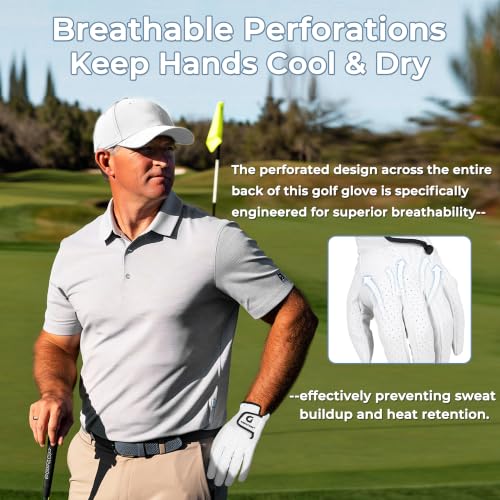 AIGEVTURE Men's Left White Calfskin Leather Golf Gloves - Breathable & Premium Fit