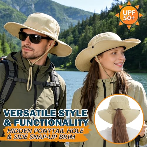 EINSKEY Sun Bucket Hat for Men & Women, UPF 50+ Wide Brim with Ponytail Hole - Khaki 01