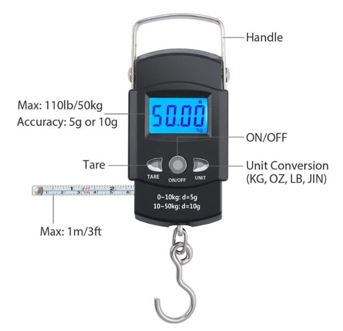 TXY Portable LCD Fish Scale - 110lb Capacity with 1m Ruler Tape for Accurate Fishing Measurements
