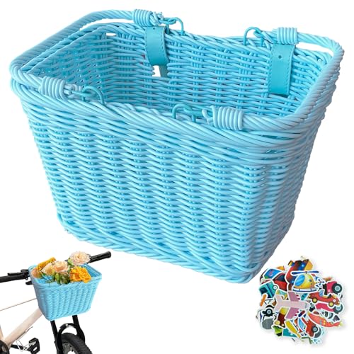 RainFlowwer Blue Kids Bike Basket with Adjustable Leather Straps & Hand Handles