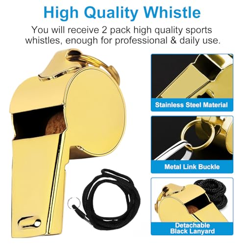 Gold Whistle with Lanyard - Stainless Steel, 2 Pack
