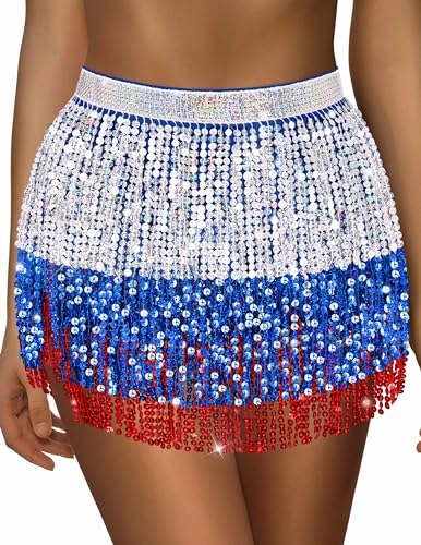 Sarfel One Size Sequin Fringe Dance Skirt - Silver/Blue/Red